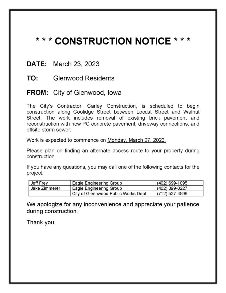 Construction Projects – City of Glenwood, Iowa